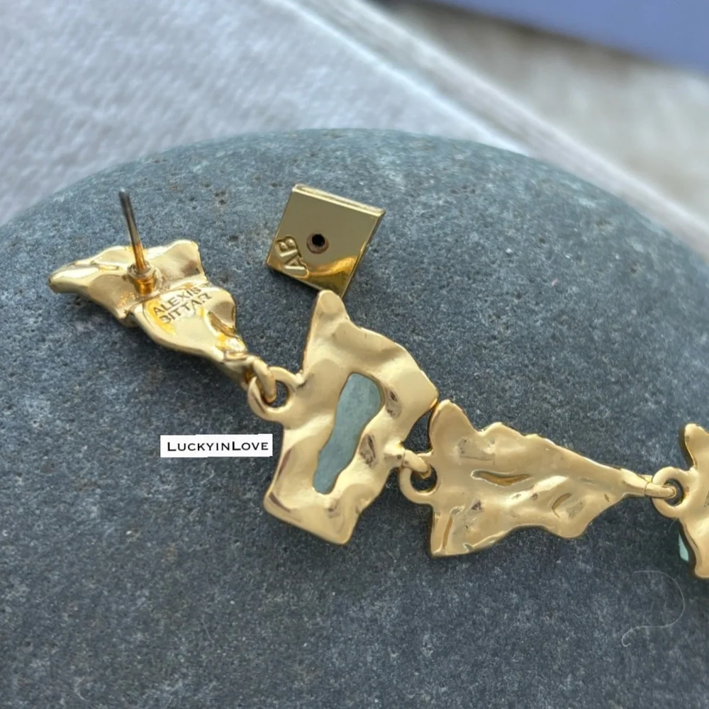 ALEXIS BITTAR • Brut Crumpled Gold Tumbled Green Blue Gemstone Drop Earrings